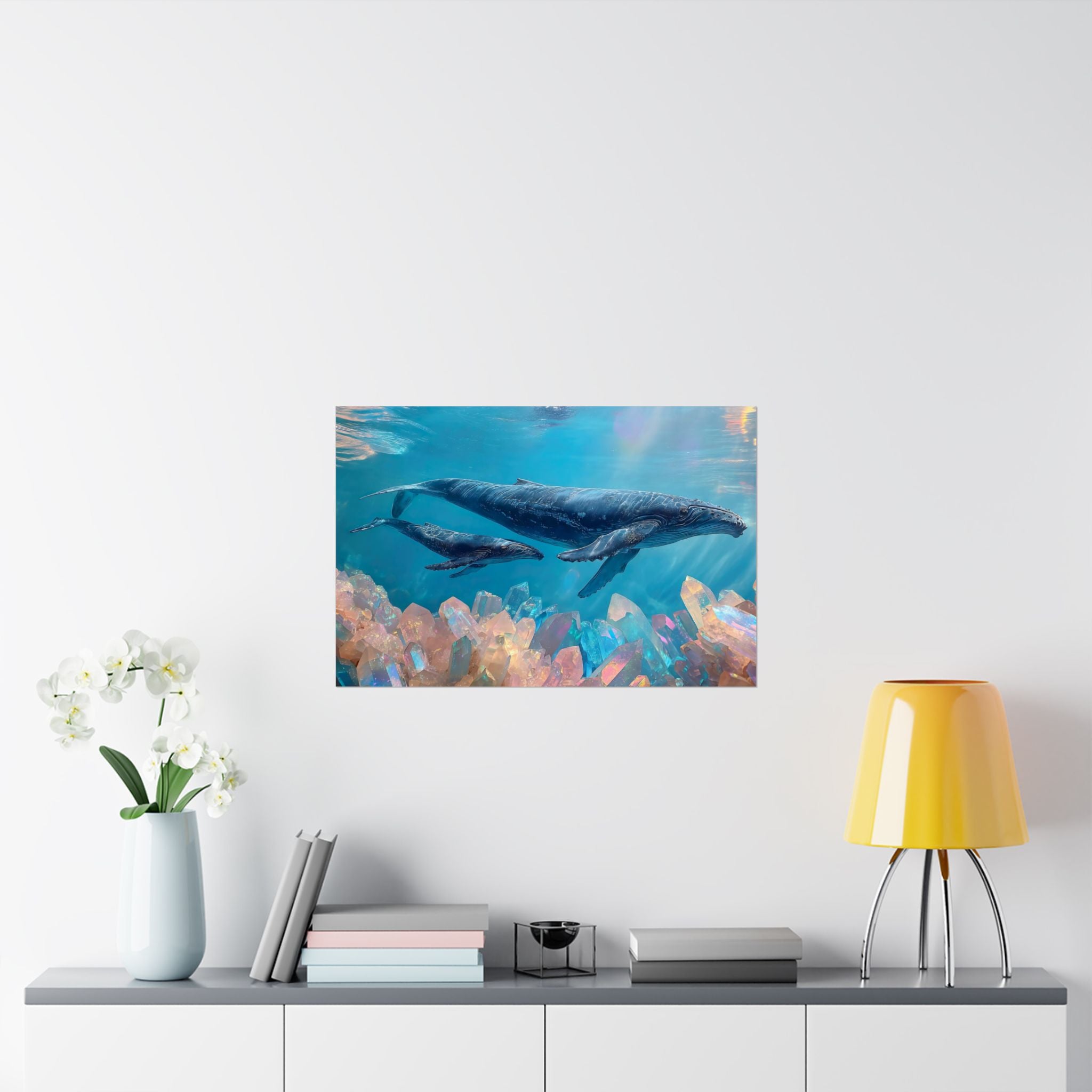 Whale Pod Poster Matte Horizontal | Ocean Scene, Crystal Seafloor